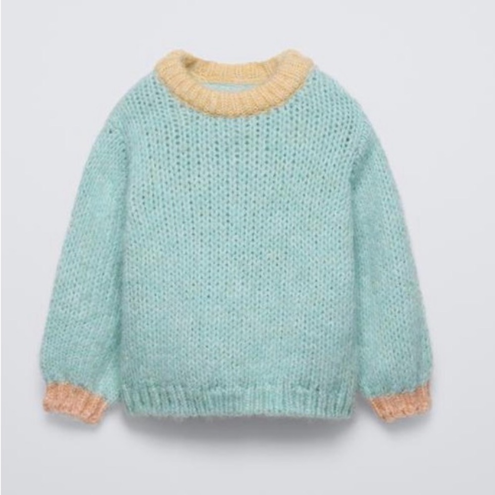 Zara Kids Contrast Trim Super Soft Knit Sweater Mint Blue Cream Girls Size 4